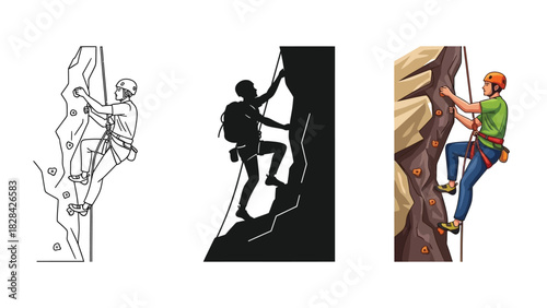 Rock climbing illustrations set line art, silhouette, and full color styles of a climber a rock wall