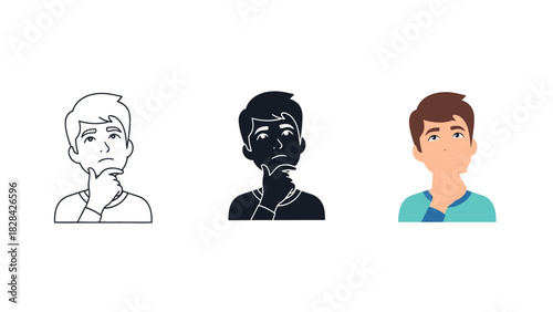 Three distinct illustrations of a thoughtful young man, pondering with his hand his chin