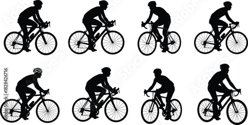 Silhouette cyclists riding road bikes in various motion poses, athletic bicycle racing collection, dynamic cycling vector illustration for fitness, competition, training, and outdoor sports design