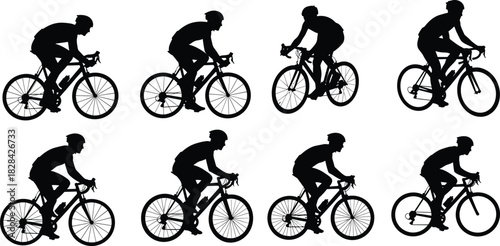 Silhouette cyclists riding road bikes in dynamic motion, competitive cycling poses collection, athletic bicycle sport vector illustration for fitness, racing, and outdoor activity design