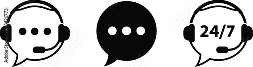 Customer support and chat communication icon set featuring headset service, messaging symbols, 24/7 assistance graphics, help center and call center design