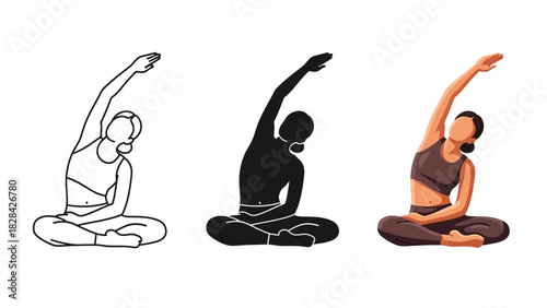 Woman in yoga side bend pose, shown as outline, silhouette and colored illustration