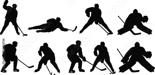 Ice hockey player silhouette collection in dynamic action poses, skating, shooting, defending, and goaltending, 