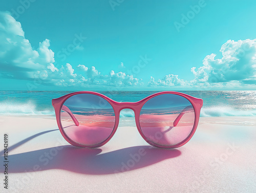 Fun Concept of Giant Sunglasses Casting Shade Over a Sandy Beach