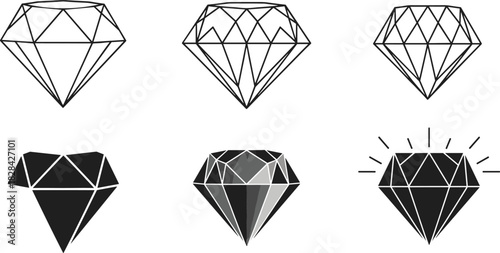 Elegant geometric diamond vector icons set featuring faceted gemstones, luxury shapes, minimal line art, shining jewel illustrations for premium design