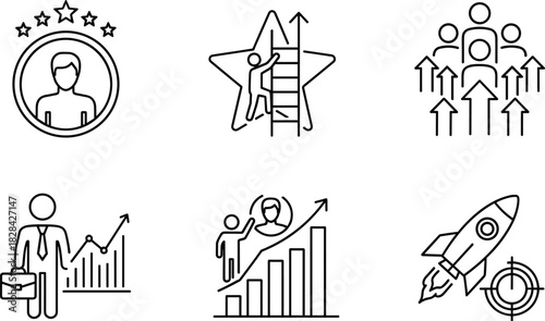 Business career growth and leadership development icons showing success, progress, achievement, goal advancement, personal improvement and professional performance illustration set