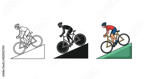 Collection of three distinct illustrations depicting a cyclist riding a bicycle up an inclined ramp, showcasing different artistic styles