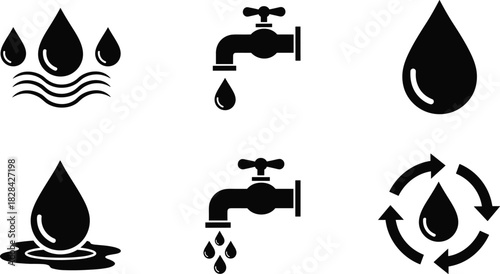 Water conservation and supply icon set featuring droplets, faucets, recycling arrows, leakage symbols, purity elements and clean water preservation concepts