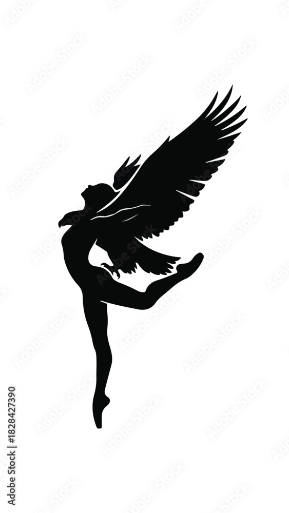 Naklejka premium Graceful silhouette of a dancer with majestic wings in a dynamic pose, symbolizing freedom and aspiration.