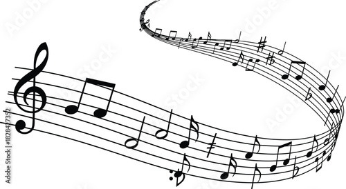 Flowing musical notes on curved staff line creating dynamic melody movement, artistic music background, treble clef and notation vector design
