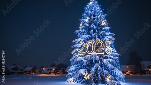Majestic Snowy Christmas Tree with 2026 Lights