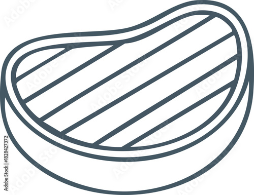 Minimal line-art icon of a steak with grill lines, monochrome.