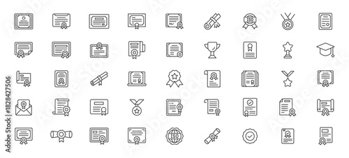 Achievement & Education Outline Icons. Certificate, Award, Badge, and Document Vector Pack