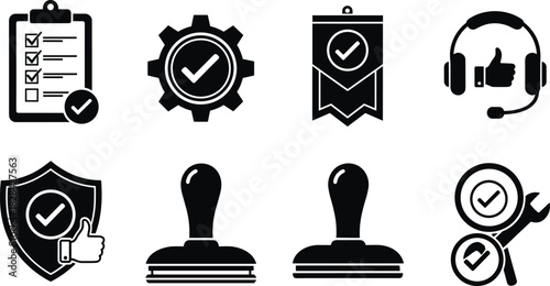 Quality assurance and approval icons featuring check marks, badges, certification stamps, shields, support headset and verification tools in bold silhouette style