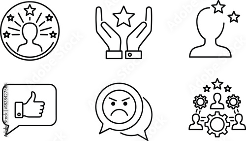 Professional customer feedback and rating icons showing positive reviews, negative responses, user evaluation and quality service performance in line style