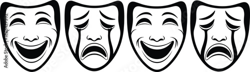 Classic theater comedy and tragedy masks showing happy and sad emotions in black and white drama illustration for artistic expression design