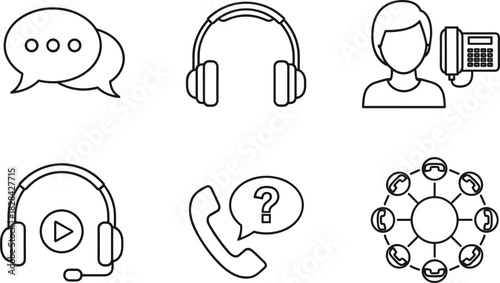 Call center communication icons for customer support, help desk service, phone assistance, technical support, hotline contact, messaging and headset illustration set