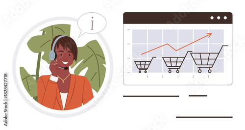 Call center agent with headset offering help while growth chart with shopping carts reflects rising sales. Ideal for customer service, e-commerce, sales, support, communication, business growth