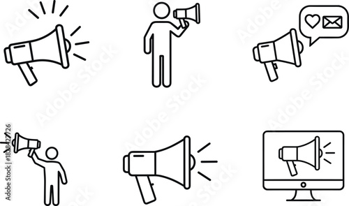 Megaphone announcement icons for marketing, promotion, communication, social media alerts, digital advertising, public message broadcasting, outreach notification and online engagement design