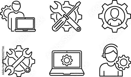 Technical support service icons set with tools, user settings, laptop configuration, gear maintenance and customer assistance symbols for vector illustration