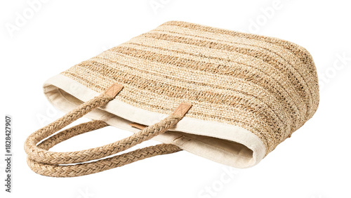 fClose-up of woven straw tote bag with textured natural fibers and handles Png