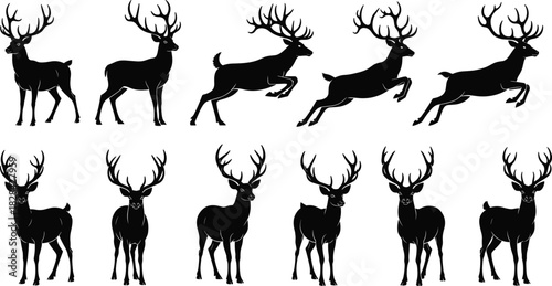 Stag Buck Reindeer Silhouettes Set Collection Various Poses Jumping Standing Black Vector Illustration Graphic Design Wildlife Nature Hunting Christmas Icon Elements.