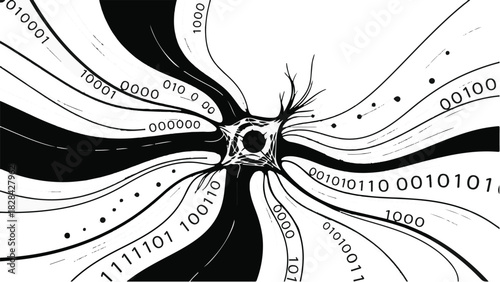 Abstract representation of a neural network processing binary data and information flow