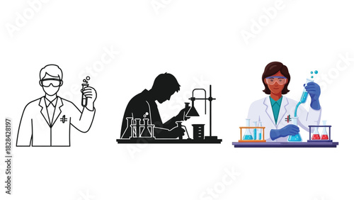 Illustrations of scientists conducting experiments and research in a laboratory setting