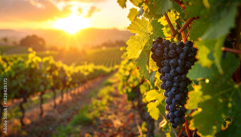 Fototapeta premium Rows of grapes in a vineyard bask in golden sunset light