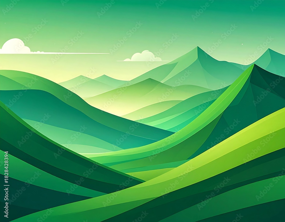 Obraz premium Stylized illustration of rolling green hills and mountains under a gradient, pale green sky