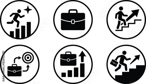 Business career growth icons in circular badges showing success steps, briefcase symbol, upward arrow progress, target achievement and professional development