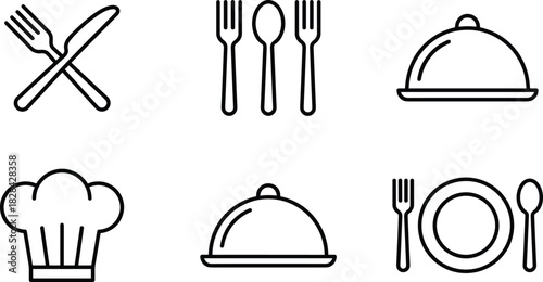 Restaurant dining icons featuring cutlery, chef hat, serving tray, food plate arrangement, culinary tools, kitchen service symbols for menu and hospitality design