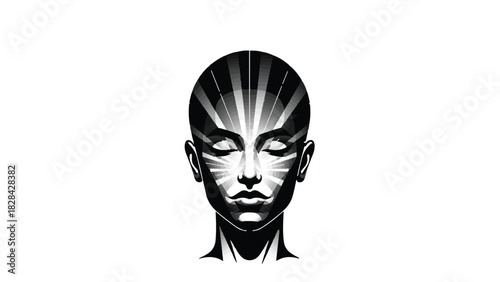 Meditative face with radiating light patterns symbolizing enlightenment and inner peace.