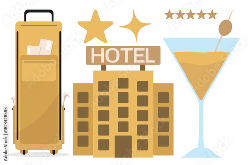 Guest experience kit with hotel symbol luggage and drink for welcome packs newsletters and posters