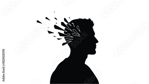 Silhouette of a man's head dissolving into fragmented pieces, symbolizing loss of memory or mental breakdown.