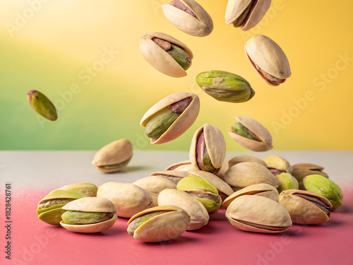 A vibrant photo of pistachios falling onto a pink surface against a yellow-green background, illuminated by soft, diffused light, creating a playful, appetizing mood.