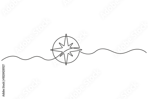 Road compass continuous one line drawing on white background minimalist travel outline vector illustration