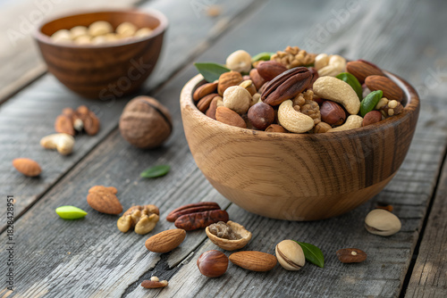 A photo of two wooden bowls filled with mixed nuts on a weathered wooden table, soft natural lighting, warm tones, inviting and rustic.
