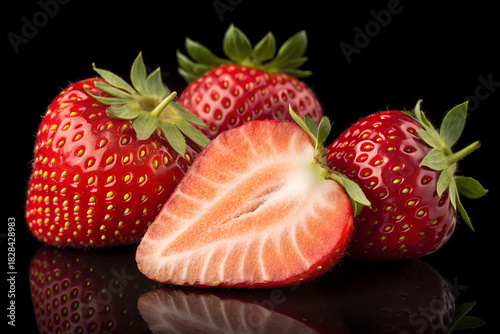 A photo of strawberries in red juice splash, some floating, against a dark background, dramatic lighting, vibrant colors, refreshing mood, high detail, 4K.