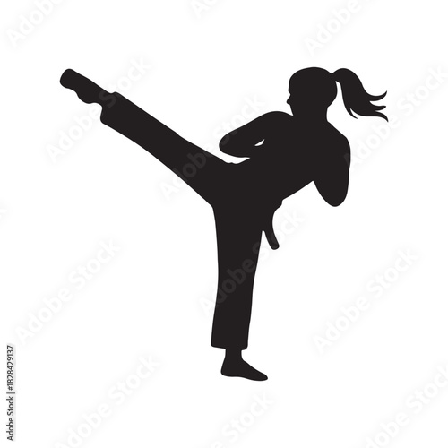 Kick Silhouette. Powerful vector of a young woman performing a dynamic side kick on a pure white background. Symbol for martial arts, fitness, and self-defense.