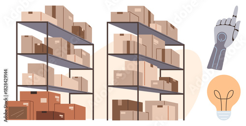 Stacked warehouse shelves with boxes, robotic hand gesture, and light bulb. Ideal for automation, robotics, logistics, storage management, innovation technology and productivity. Simple flat