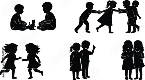 Black Silhouette of Happy Children Playing Together, Showing Diverse Interactions, Friendship, Fun, and Socializing in Early Childhood Development, Isolated Vector Graphic