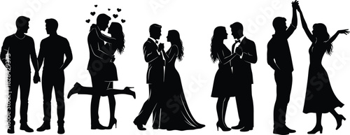 Black Silhouette Set of Diverse Romantic Couples Embracing, Dancing, and Standing Together, Representing Love, Partnership, Wedding Celebration, Ballroom, Intimacy, and Connection Concept.