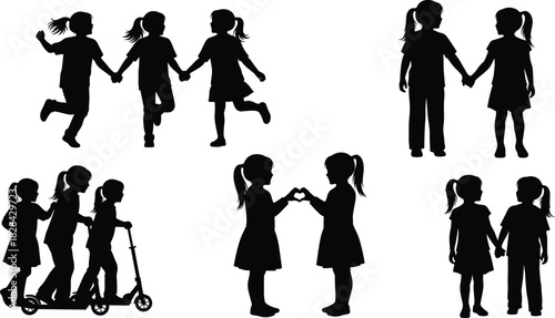Black Silhouette Set of Young Girls Playing, Running, Riding Scooter, and Making Heart Shape with Hands, Representing Childhood Friendship, Playtime, Sisterhood, and Joyful Energy.