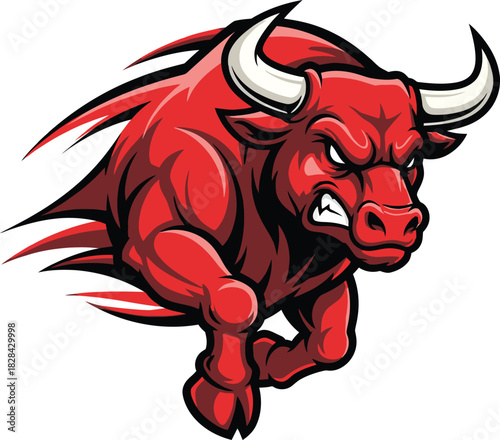 Charging aggressive red bull mascot design running with speed effect for sports team logo identity or financial investment symbol.