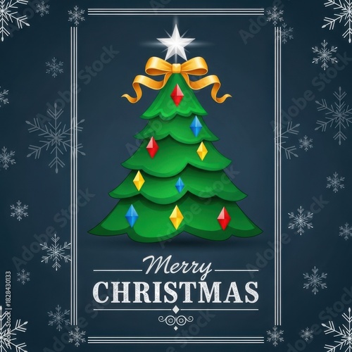 Christmas Tree with Ornaments and Snowflakes