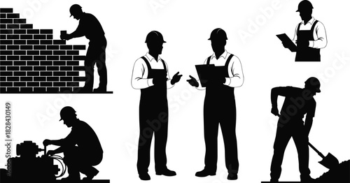 Black Silhouette Vector Collection of Construction Workers and Laborers Engaged in Manual Work, Including Bricklaying, Shoveling, Repairing, and Project Inspection, for Industry Icons