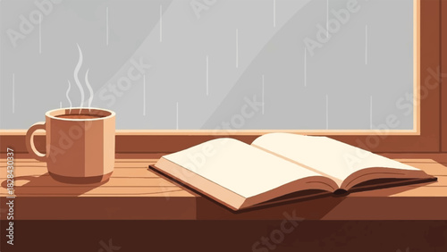 Cozy cup of hot coffee and an open book resting on a windowsill during a rainy day