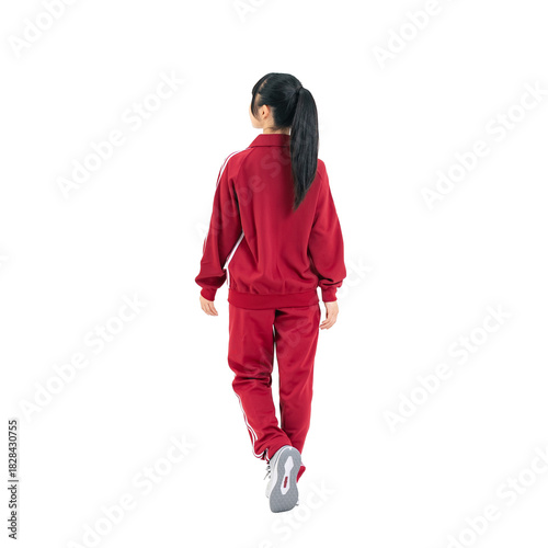 歩く体育ジャージを着た女子学生の後ろ姿　手作業で精密に切り抜いた背景透過全身写真PNG