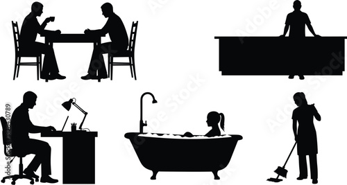 Black Silhouette Vector Collection of People Engaged in Daily Life Activities, Including Business, Household Chores, and Leisure, for Pictogram and Icon Design